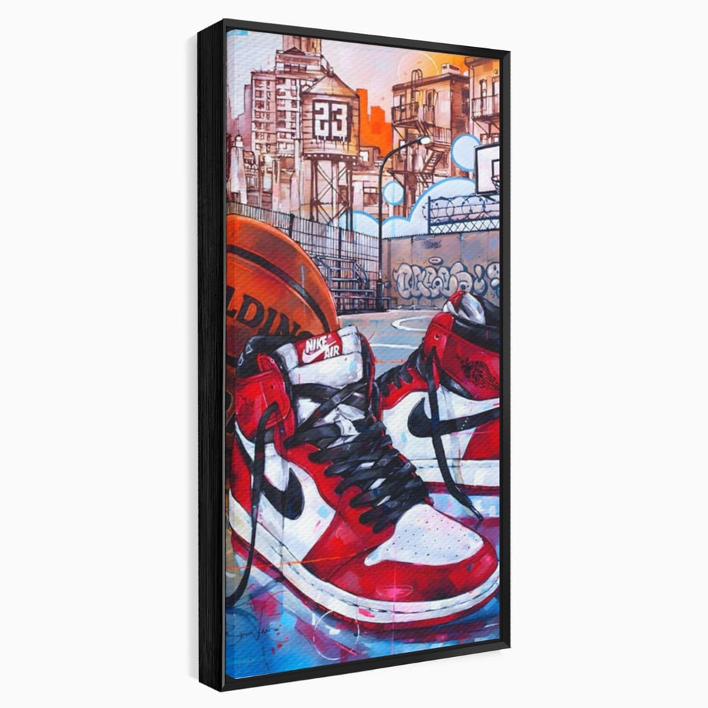 Tablou canvas cu tablou canvas cu adidasi si baschet, in rama de aluminiu negru
